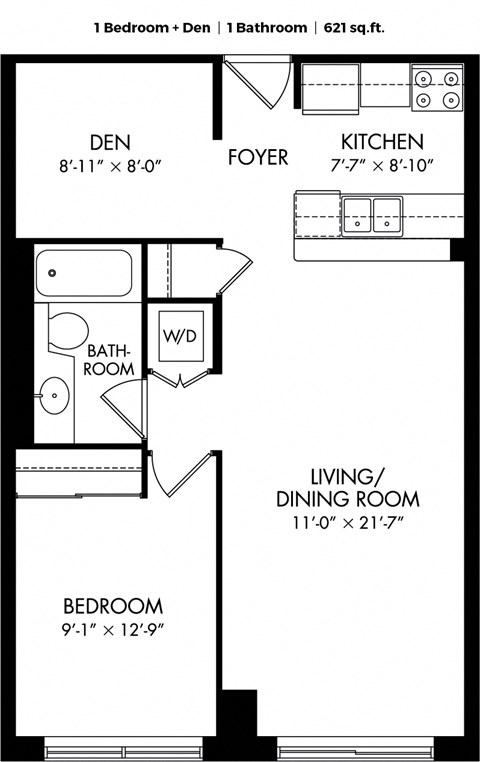 Floor plan for 1 bed, 1 bath, 730 sqft